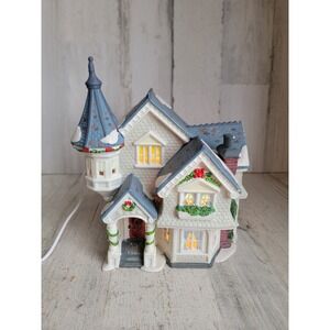 O'well Victorian vintage ceramic village accessory Xmas house blue mistletoe